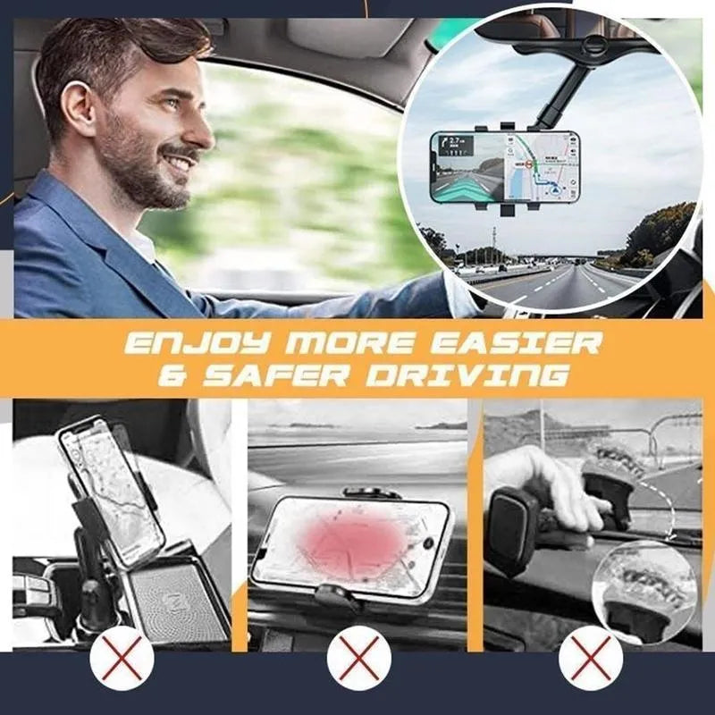 Black rearview mirror car phone holder with telescopic arm and four-claw phone grip in 360-degree rotation.