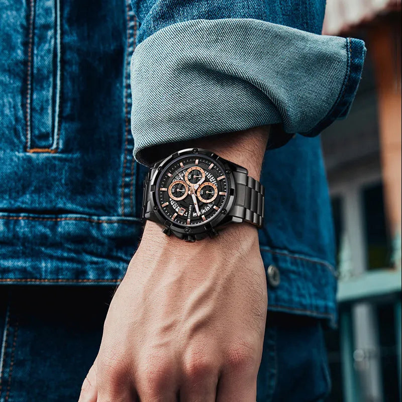 Men's waterproof luminous quartz watch with a steel belt, shown in black and blue colour variant.