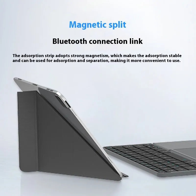 Grey folding wireless Bluetooth keyboard shown in both folded and unfolded positions
