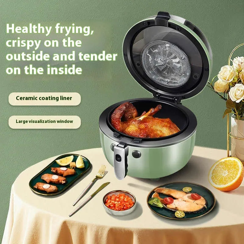 8-litre capacity air fryer oven with a visible window on the front and mechanical button controls