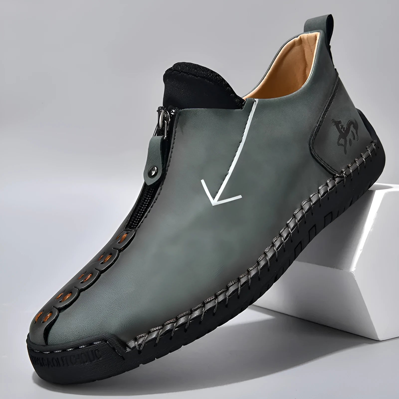Men's black front zip Martin boots with hand-stitching on artificial PU upper and rubber sole.