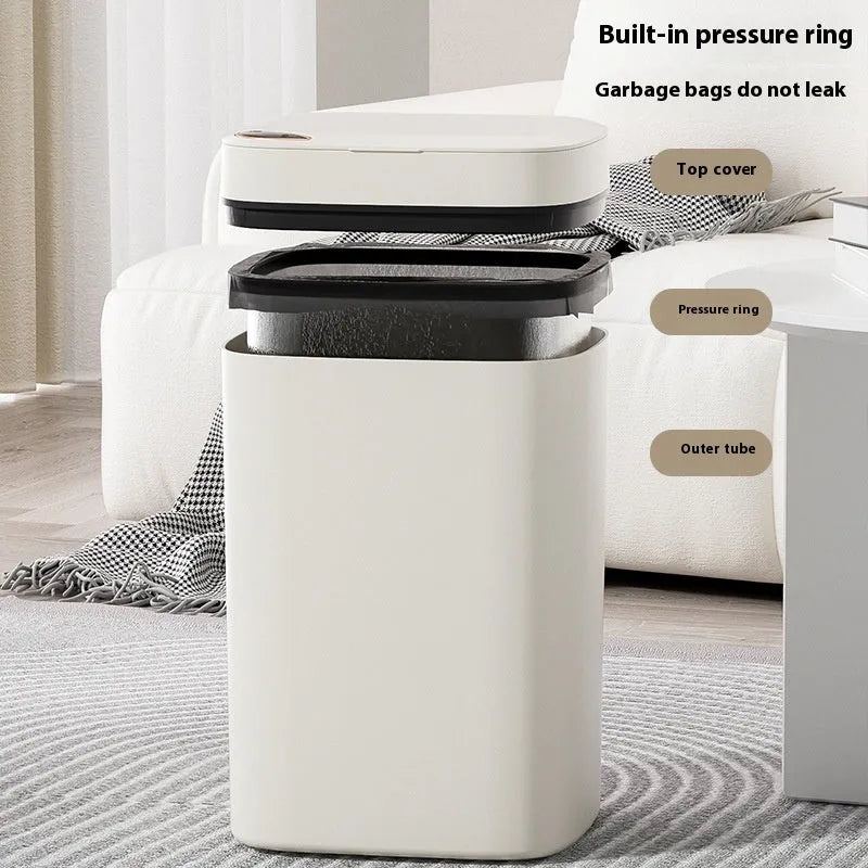 Square white automatic induction kitchen bin with sensor lid open, showing interior.