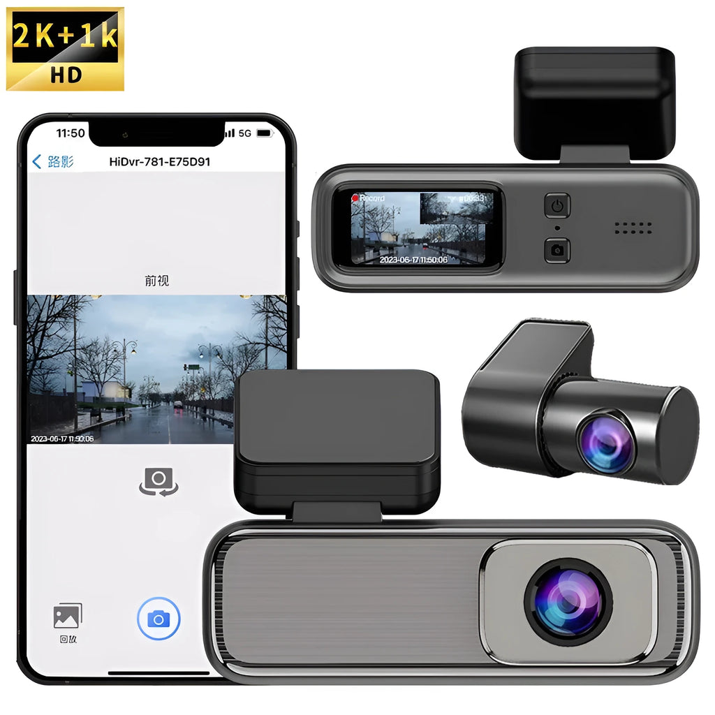 Car dashboard camera with 1.2-inch screen mounted on windscreen, showing WIFI and recording indicators.