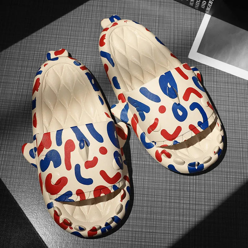 Shark-themed open toe slippers made from EVA material in beige, shown from a side view.