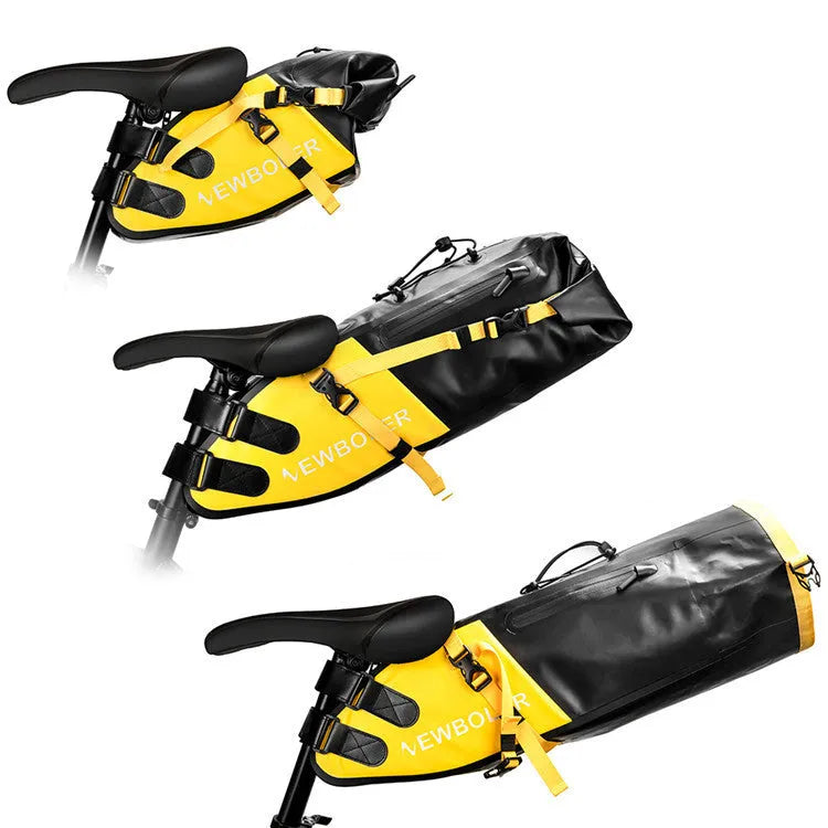 Large waterproof PVC bicycle tail bag in black, green, or yellow, showing 13-litre capacity.