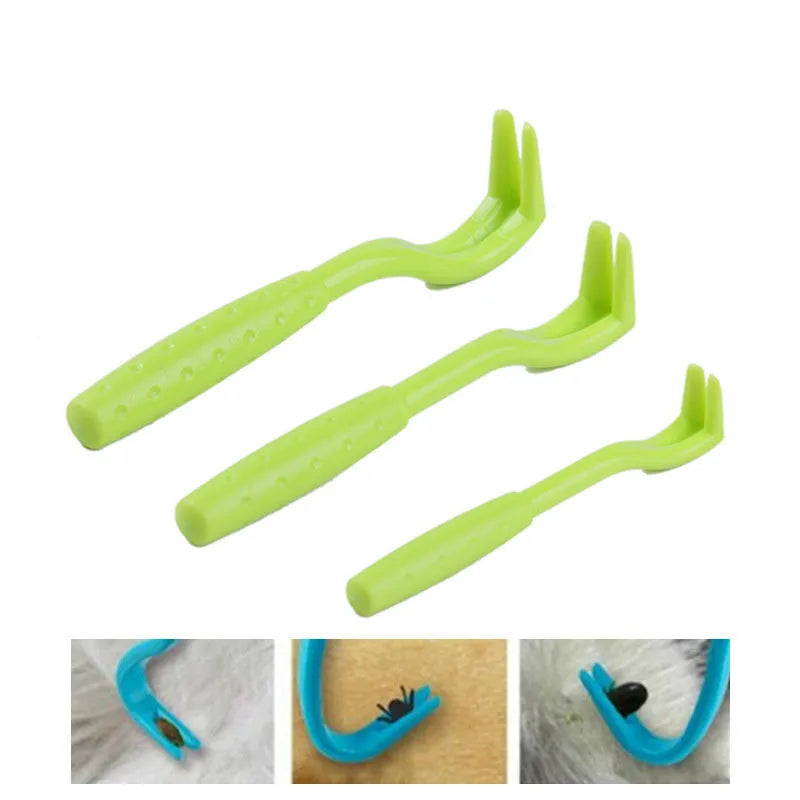 Three plastic hook tools for removing ticks from dogs and cats, in blue and green colours.