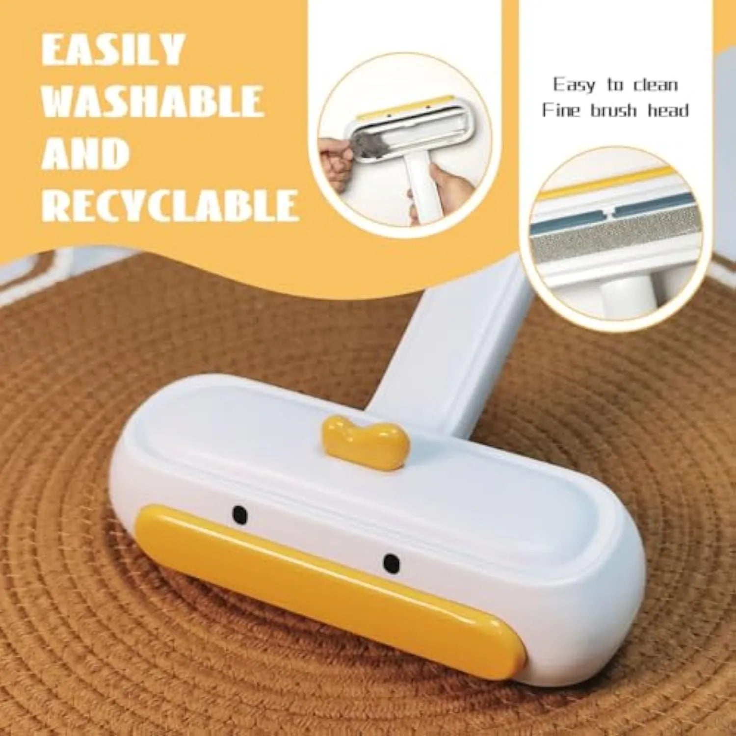 White portable pet hair remover with yellow duck design and polyester bristles.