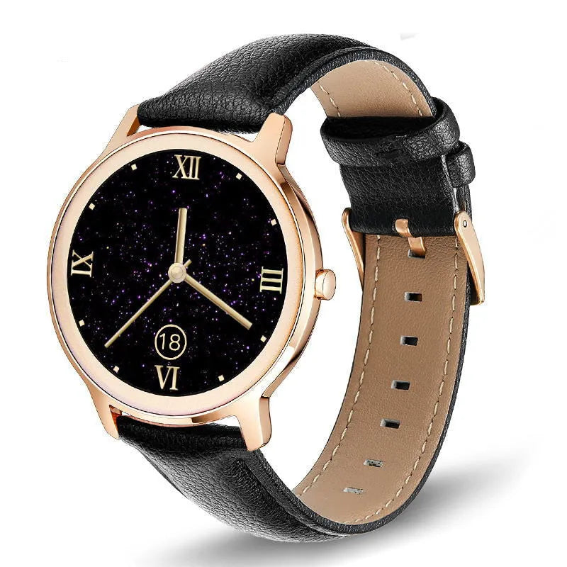 Women's smart watch with stainless steel band options including rose and silver mesh or solid bands