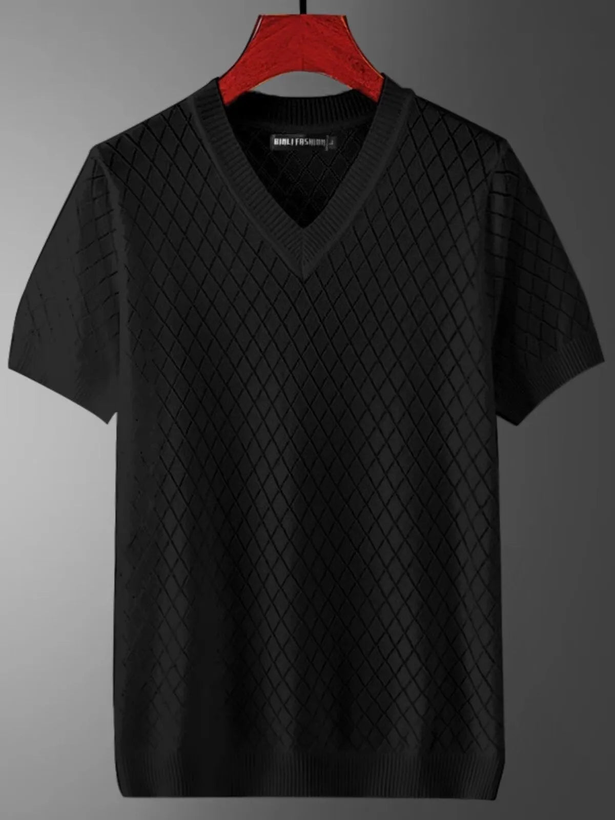 Men's ice silk t-shirt with cut-out detail in black and white colour options showing V-neck and round neck styles