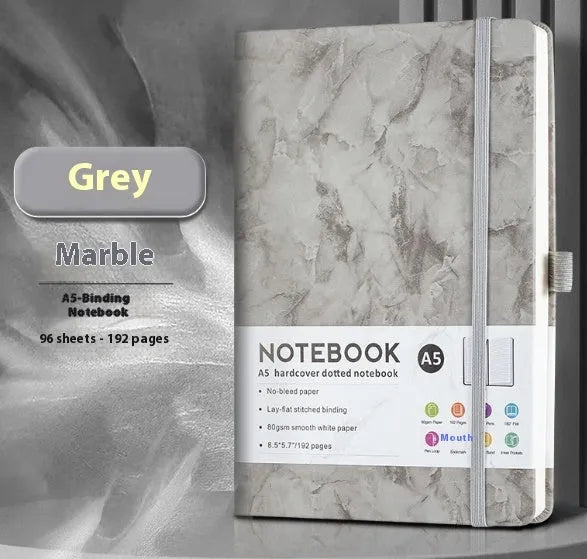 A5 soft touch PU leather notebook open on lined pages, shown in multiple colour options.