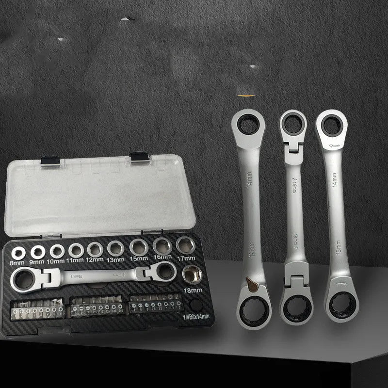 Dual-direction ratchet wrench set with multiple sockets and batch heads arranged for display