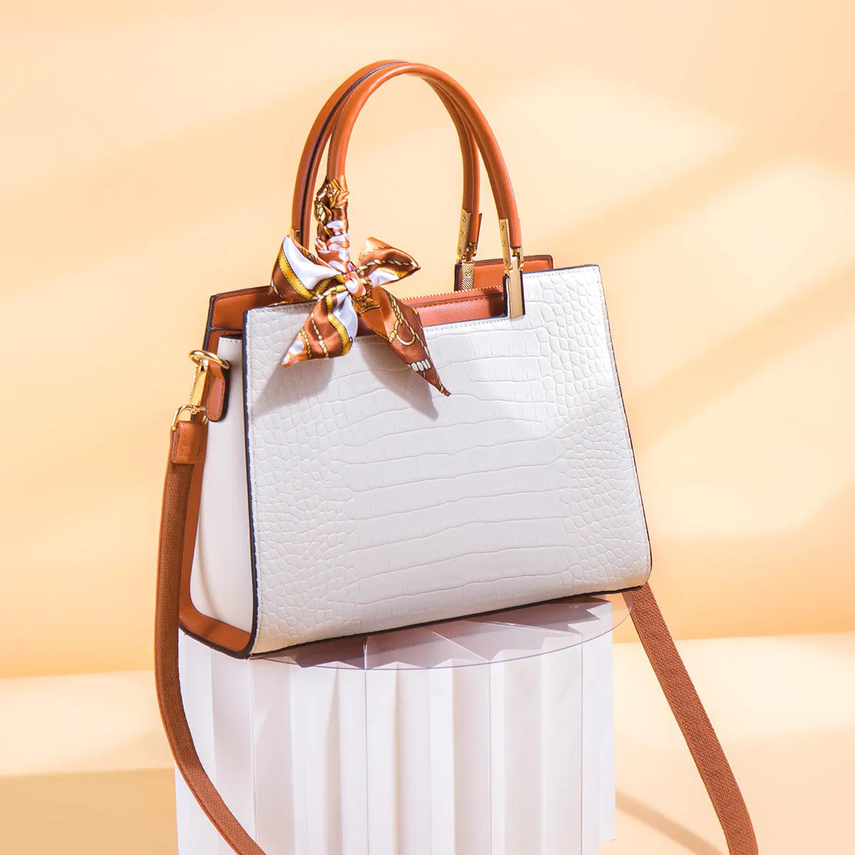 Milky white women's PU shoulder handbag with square shape and sewing line detailing