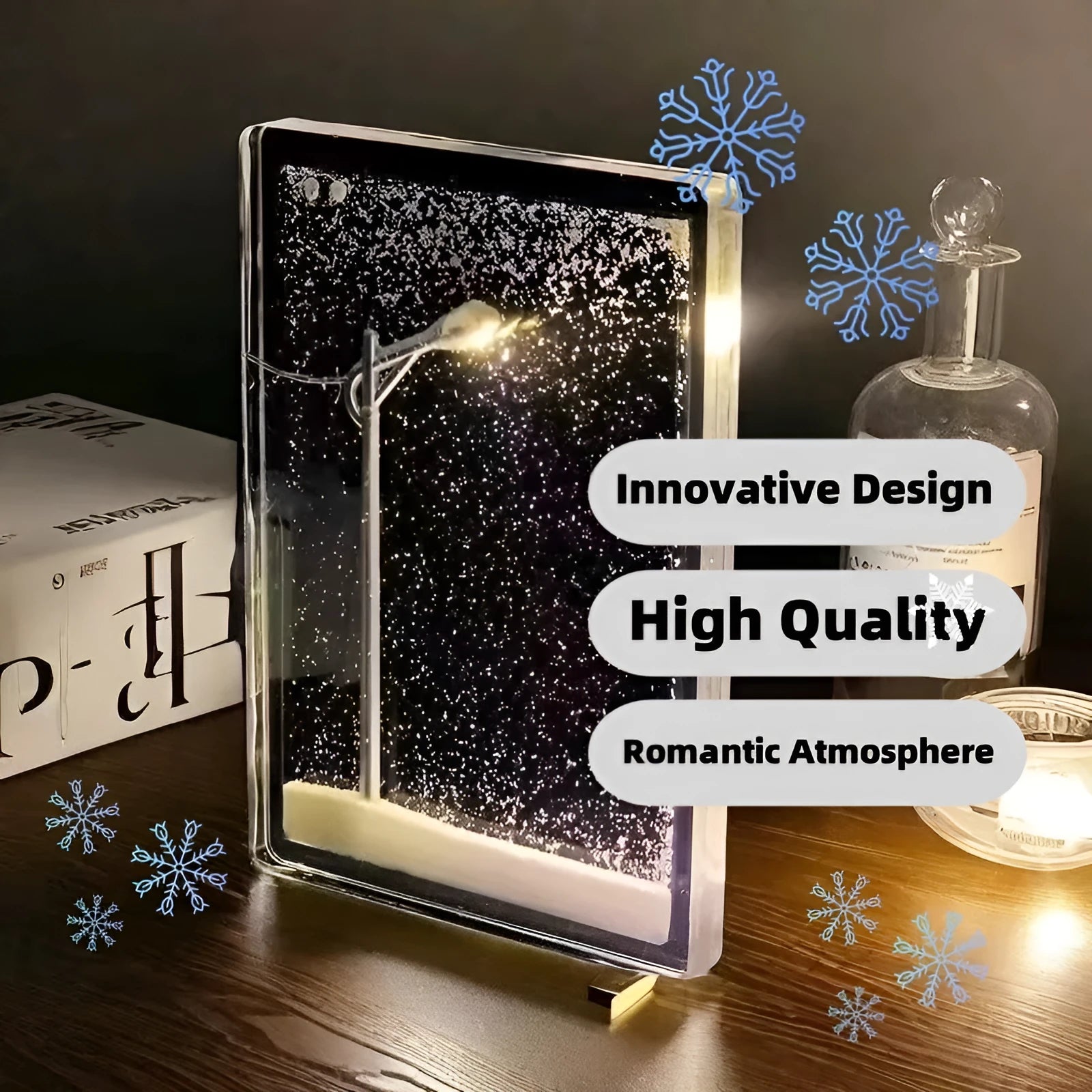 DIY snowy landscape night light kit with LED Christmas lights and flowing snow scene for desktop decoration