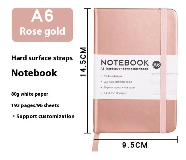 A5 soft touch PU leather notebook open on lined pages, shown in multiple colour options.