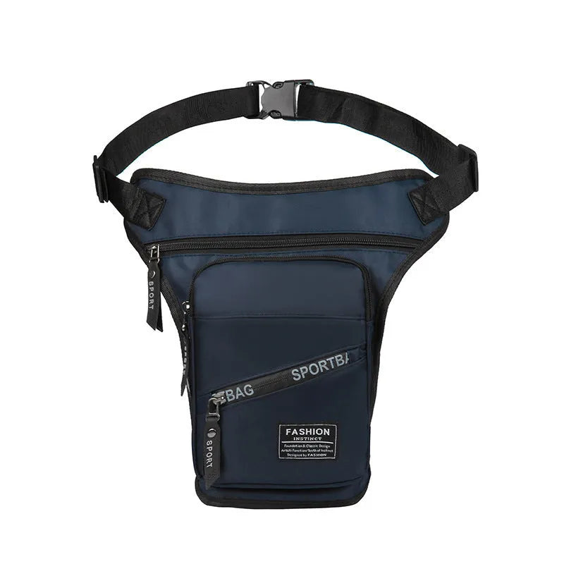 Men's nylon crossbody cycling leg bag in black colour showing waterproof anti-theft features