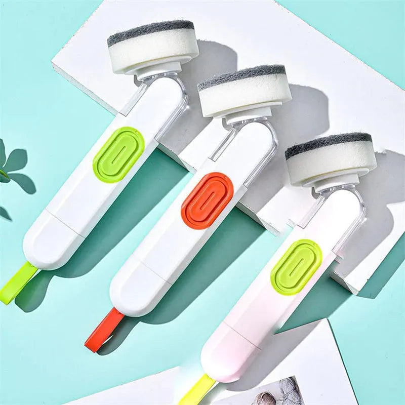 White and red long-handle kitchen brush with liquid dispenser and two brush heads