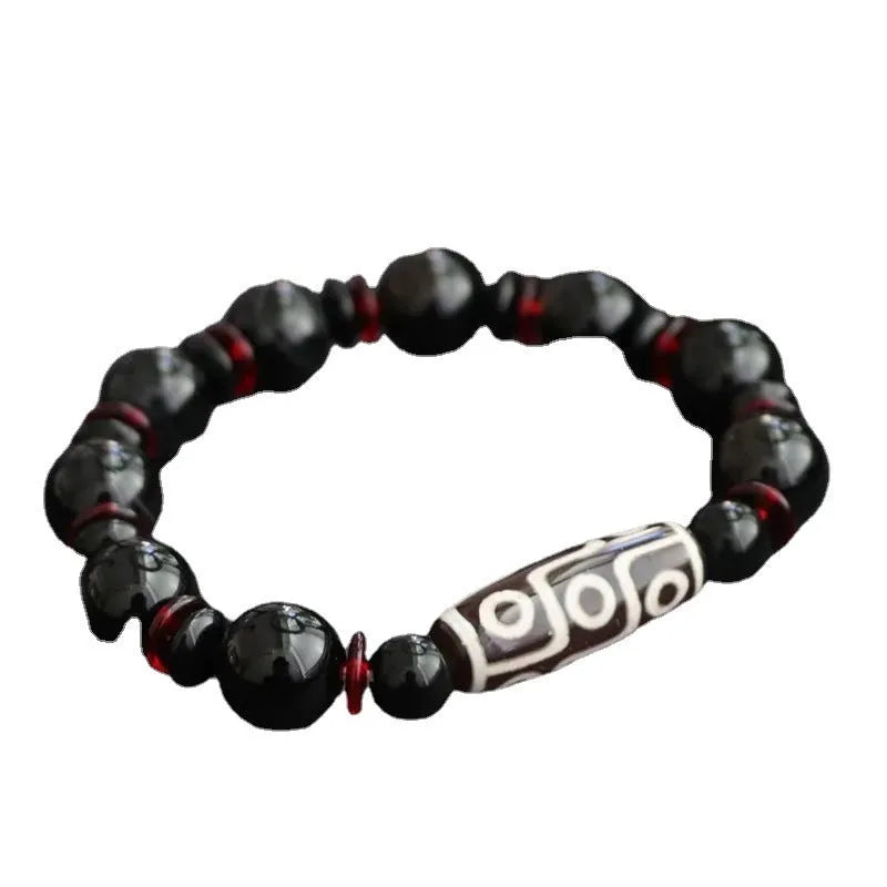 Hand-woven black agate dzi bead bracelet with 11mm geometric beads