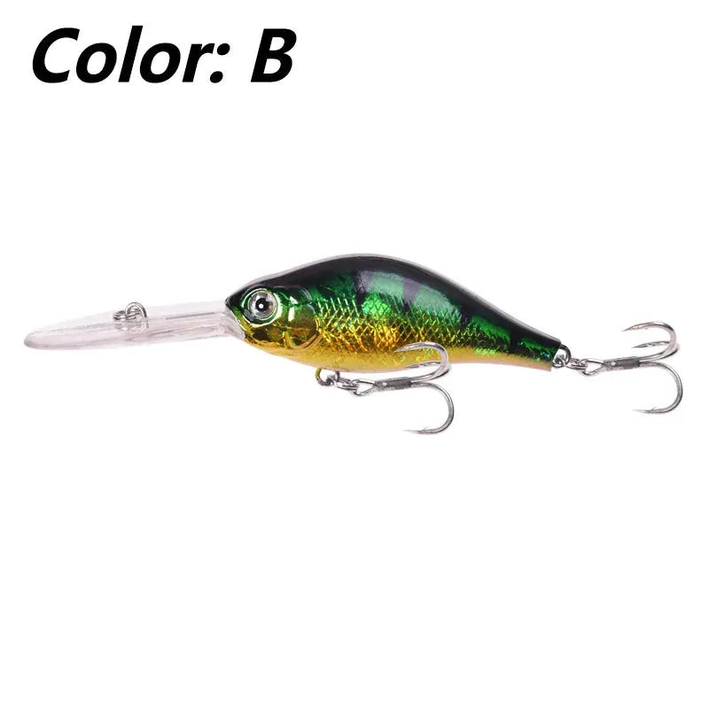 10.5cm long tongue board Mino fishing lure in colour option A, shown alongside other colour variants B through E.
