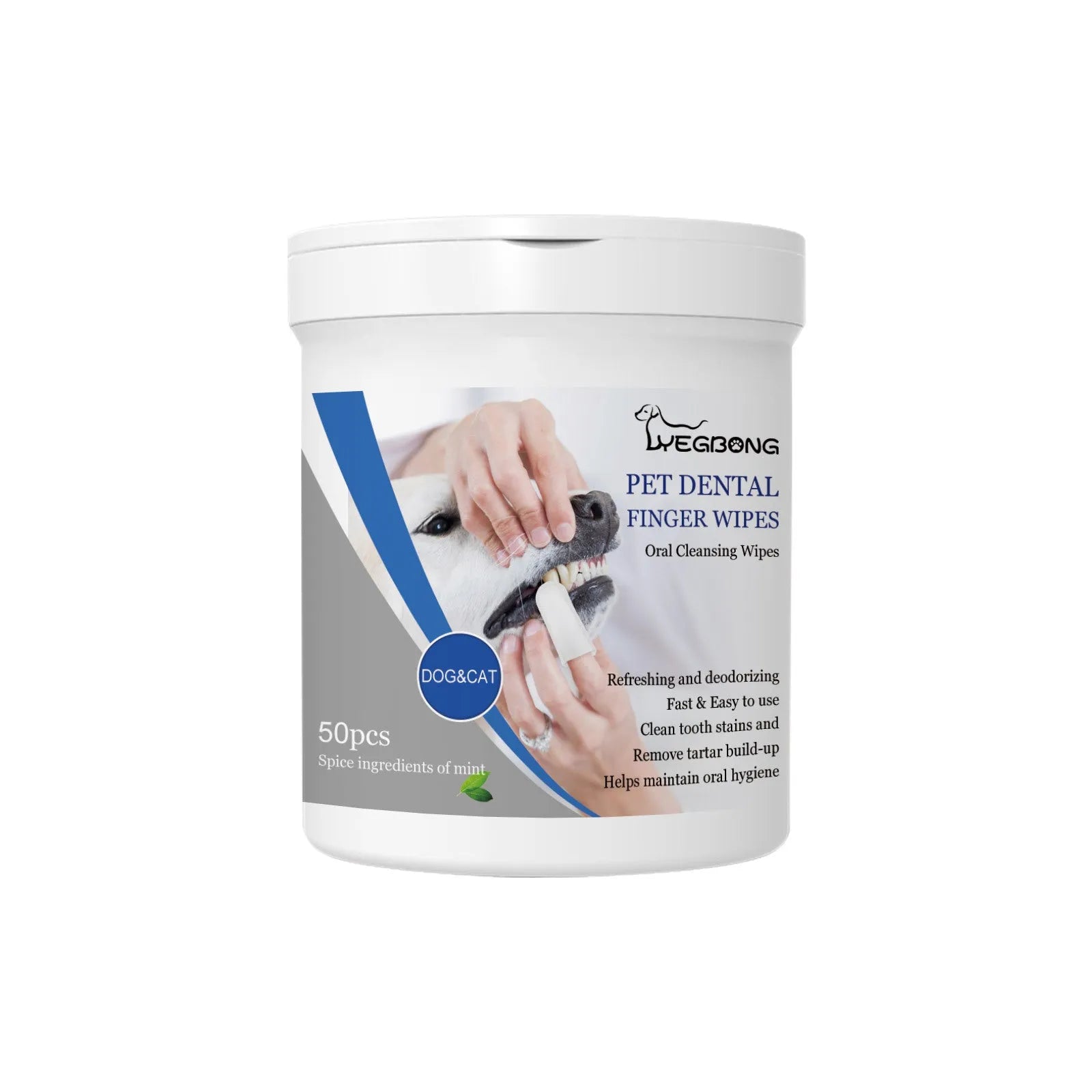 Can of dog dental cleaning wipes with finger stall applicator for pet teeth oral care