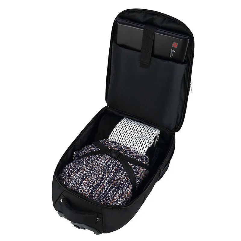 Black 18-inch business travel backpack trolley bag with letters pattern and shoulder strap