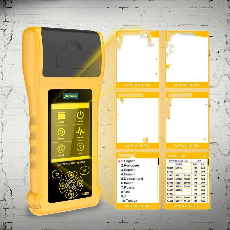 Autool BT760 digital vehicle battery tester with colour screen and battery clips.