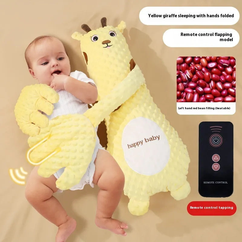 Infant exhaust pillow with remote controlled soothing hand in yellow giraffe design for baby sleep comfort
