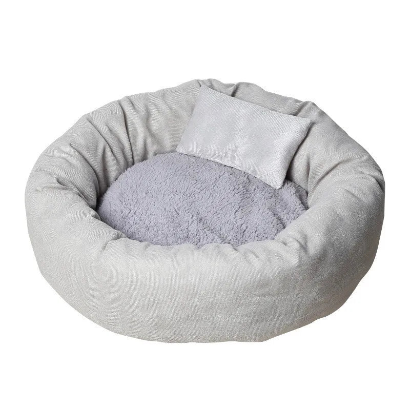 Cloth dog bed with PP cotton filling in light grey or pink colours, available in five sizes with optional pillow