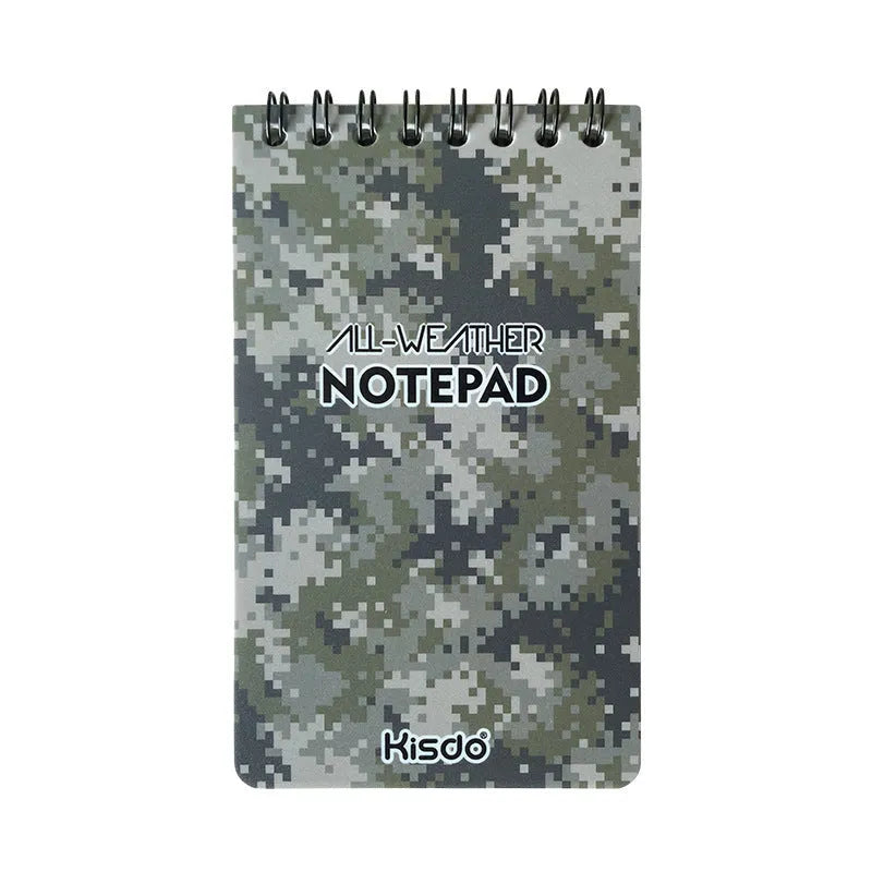 A5 spiral-bound waterproof notepad in camouflage colour, showing PP cover and stone paper pages.