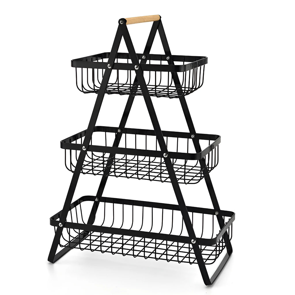 Black iron fruit basket with wooden handle showing detachable double-layer structure