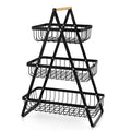 Black iron fruit basket with wooden handle showing detachable double-layer structure