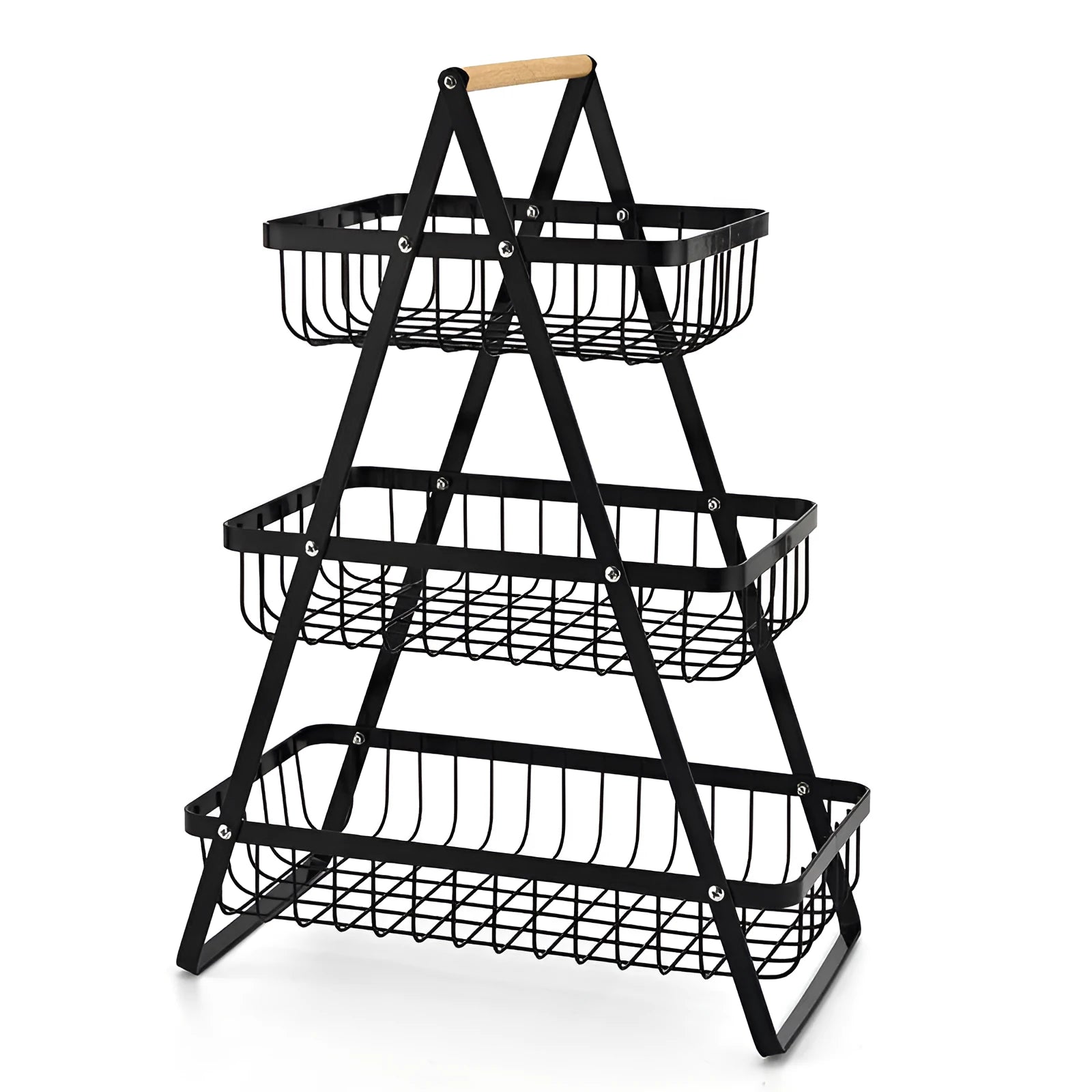 Black iron fruit basket with wooden handle showing detachable double-layer structure