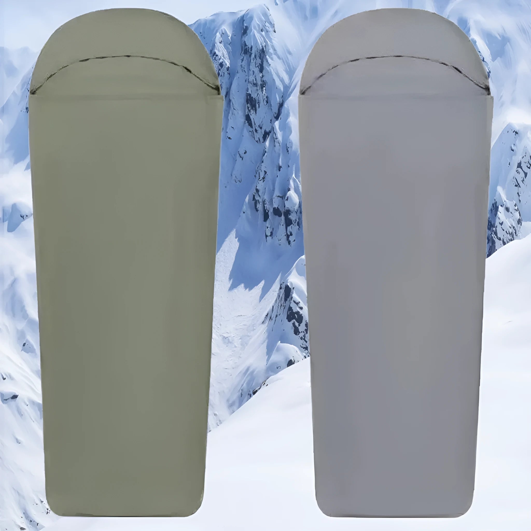 Blue or green mummy-style nylon camping sleeping bag showing tapered design and lightweight construction