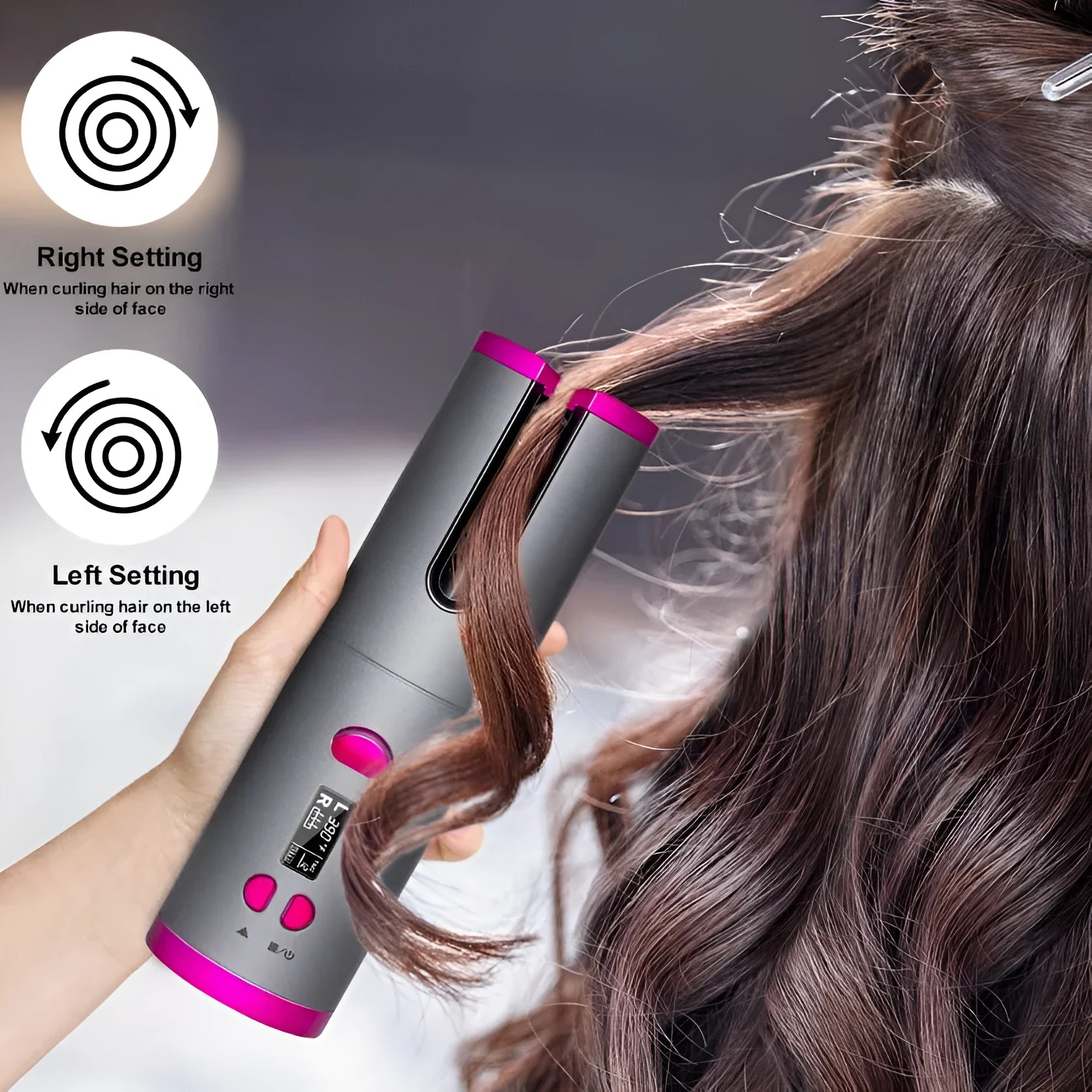 Golden cordless USB rechargeable curling iron with digital display and black flannel storage bag