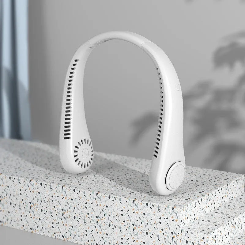 Blue USB rechargeable bladeless neck fan showing adjustable neckband and streamlined air outlet