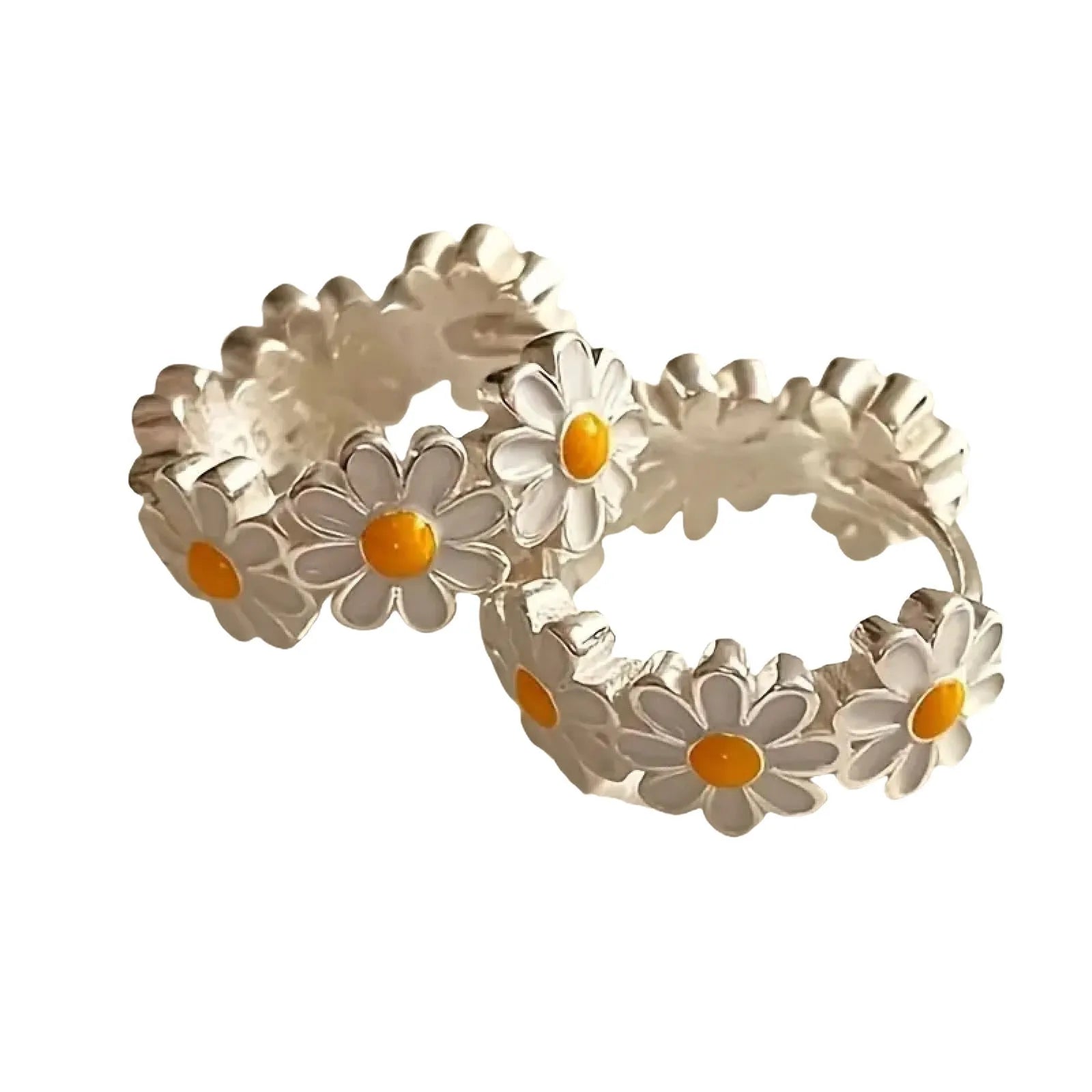 White electroplated daisy flower ring earrings set with gem inlay on copper base