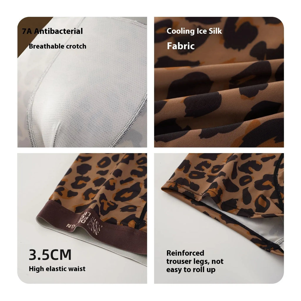 Men's leopard print ice silk underwear in a mid-waist design, shown in one of four available colour variations.