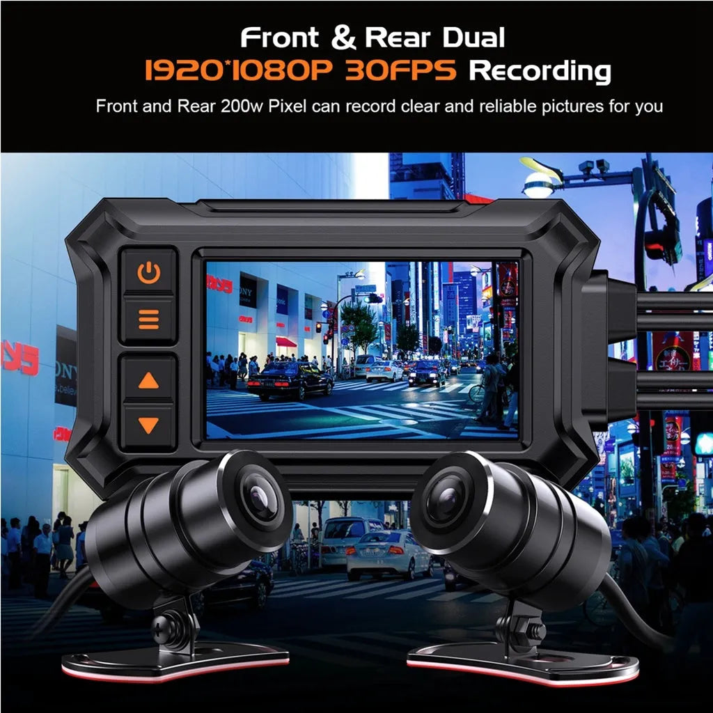 Motorcycle dual lens dash cam recorder with 3 inch display, front and rear cameras, and GPS module