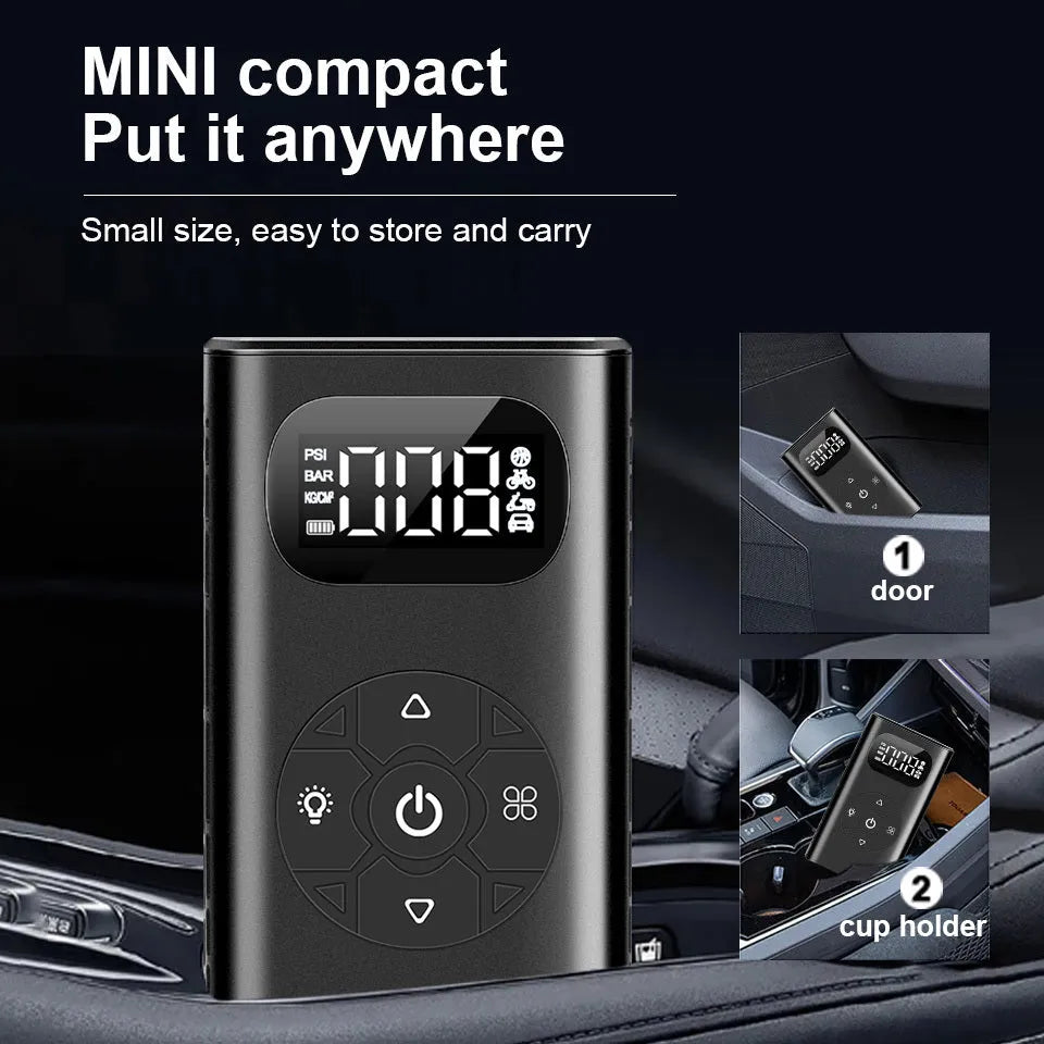 Black M09X portable tyre inflator power bank with USB cable and 16cm hose on grey background
