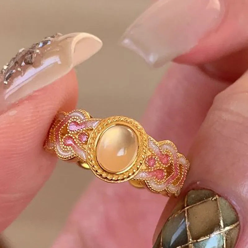 Pink crystal enamel geometric open ring for women with gold plated finish