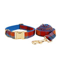 Blue velvet plaid cloth dog collar and leash set with optional bow accessory in XS to XL sizes