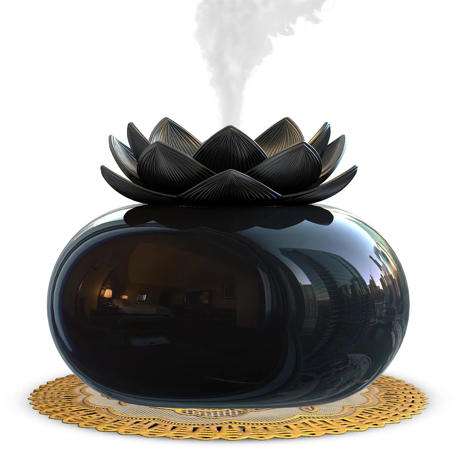 Pure black lotus-shaped aromatherapy humidifier with USB cable and single vapour outlet
