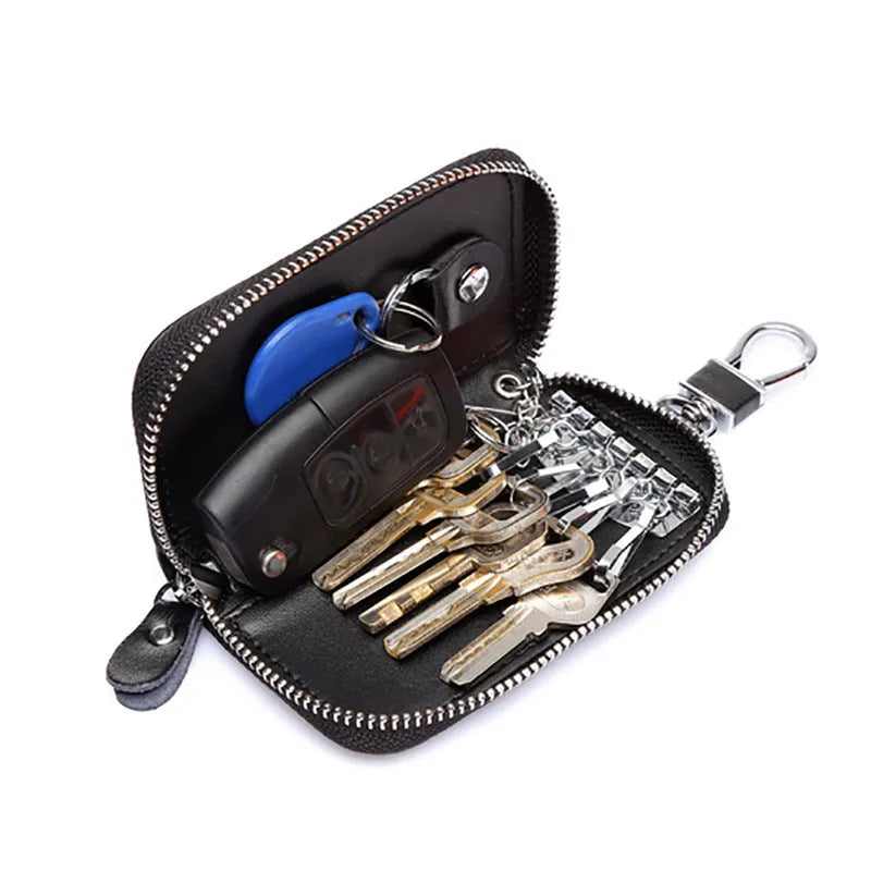 Men's genuine leather zipper multi-function car key holder in black, handmade cow split leather