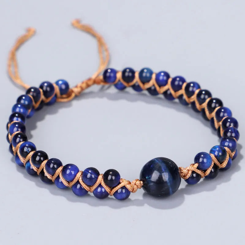 Handwoven geometric bracelet with sliding knot and natural stone bead in Amethyst or Tiger Eye