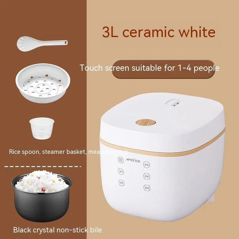 White intelligent rice cooker with black crystal inner pot and accessories
