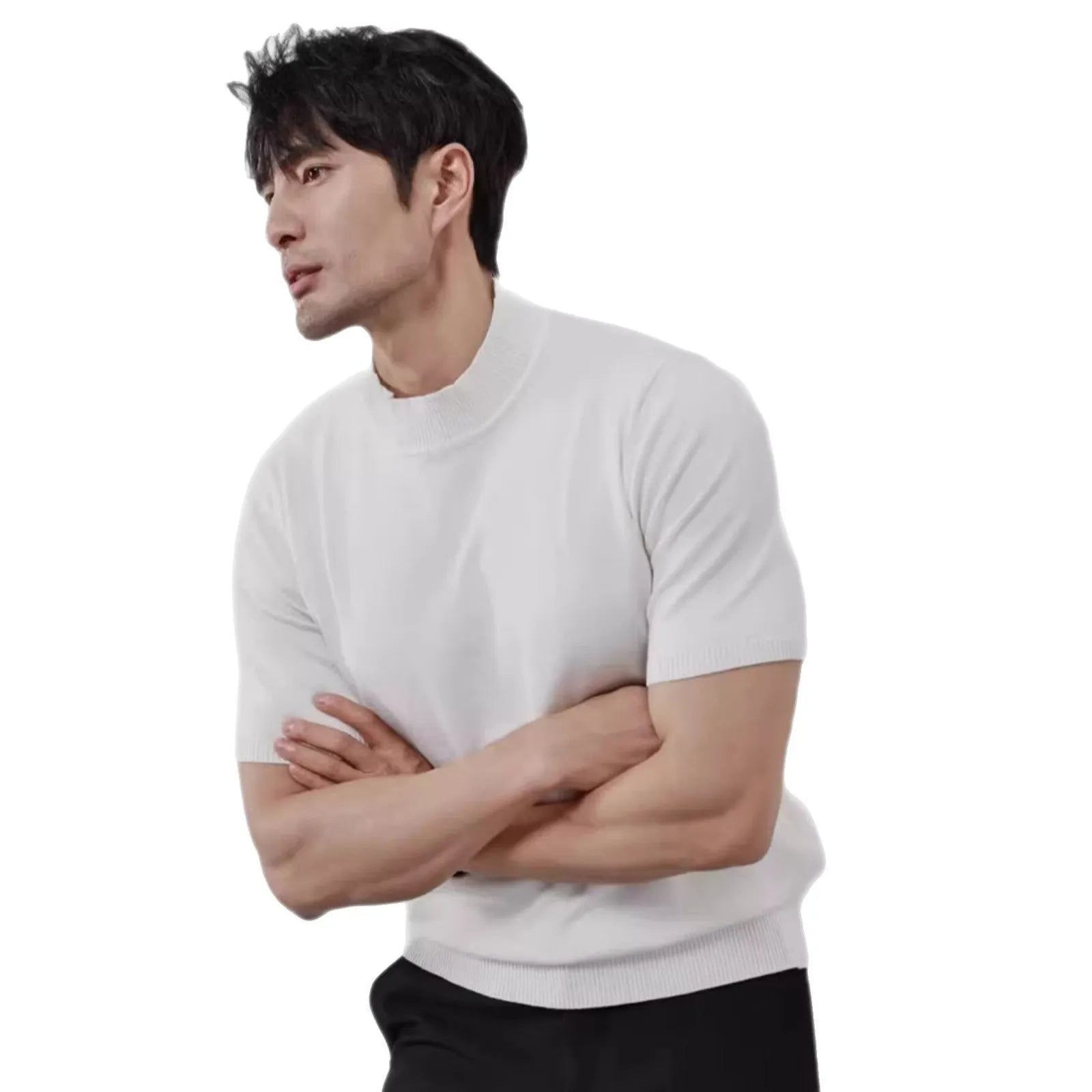 Men's ice silk half turtleneck solid colour slim fit pullover in green on a plain background