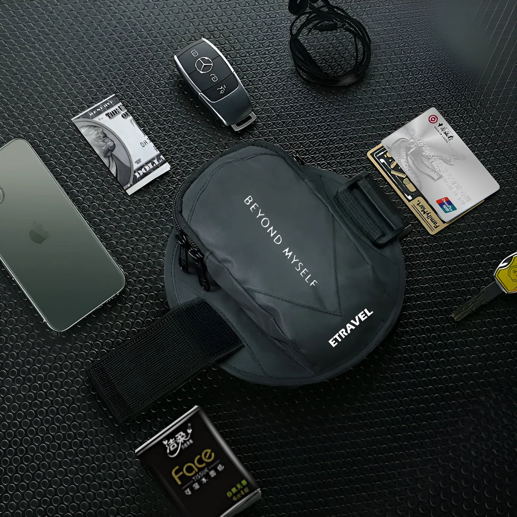 Reflective black running arm bag with adjustable strap and 7 inch smartphone capacity