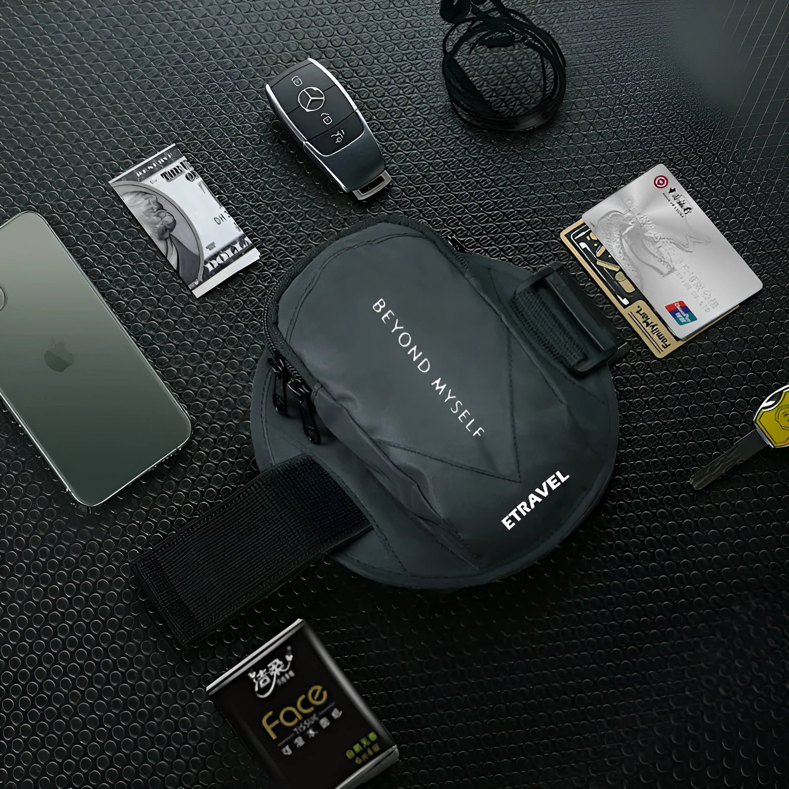 Reflective black running arm bag with adjustable strap and 7 inch smartphone capacity