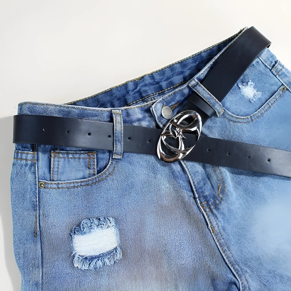 PU leather casual belt with alloy silver buckle and snap button fastening