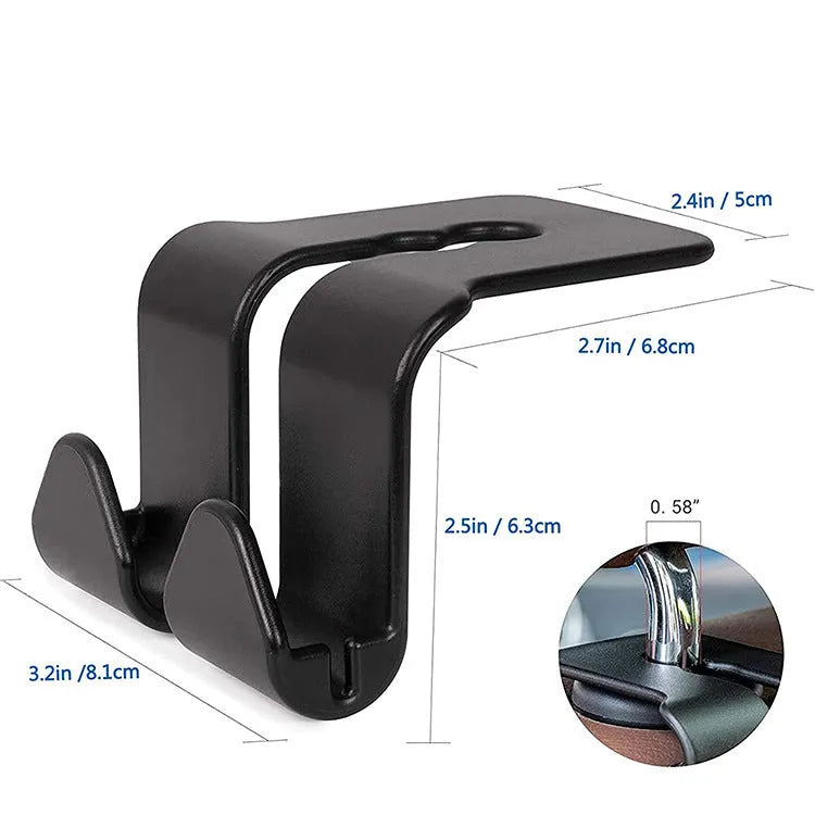 Car seat back hook with mobile phone holder, plastic, in black colour, attached to headrest post