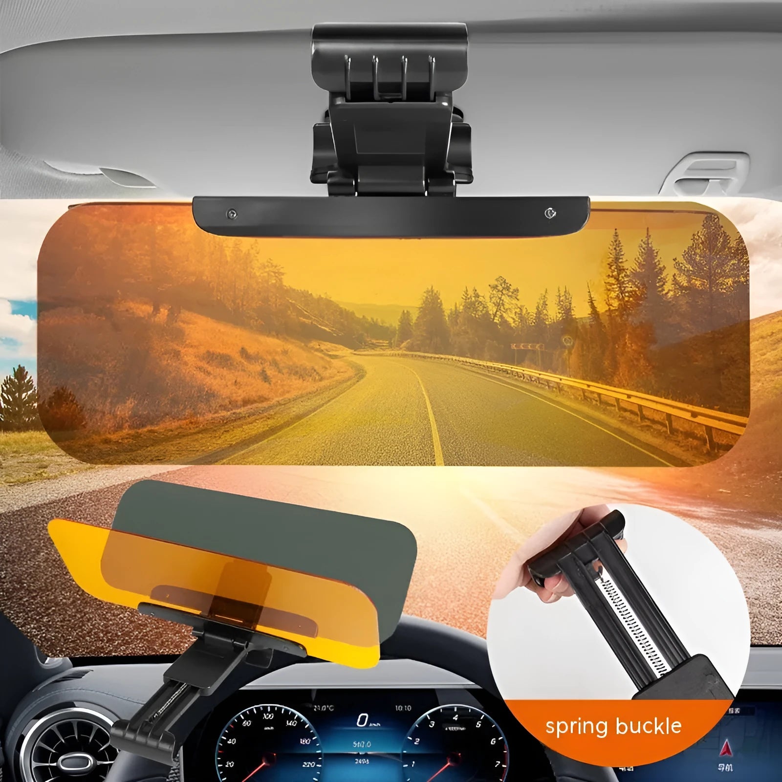 Dual-function anti-high beam goggles and car sun visor with telescopic arms for universal fitting.